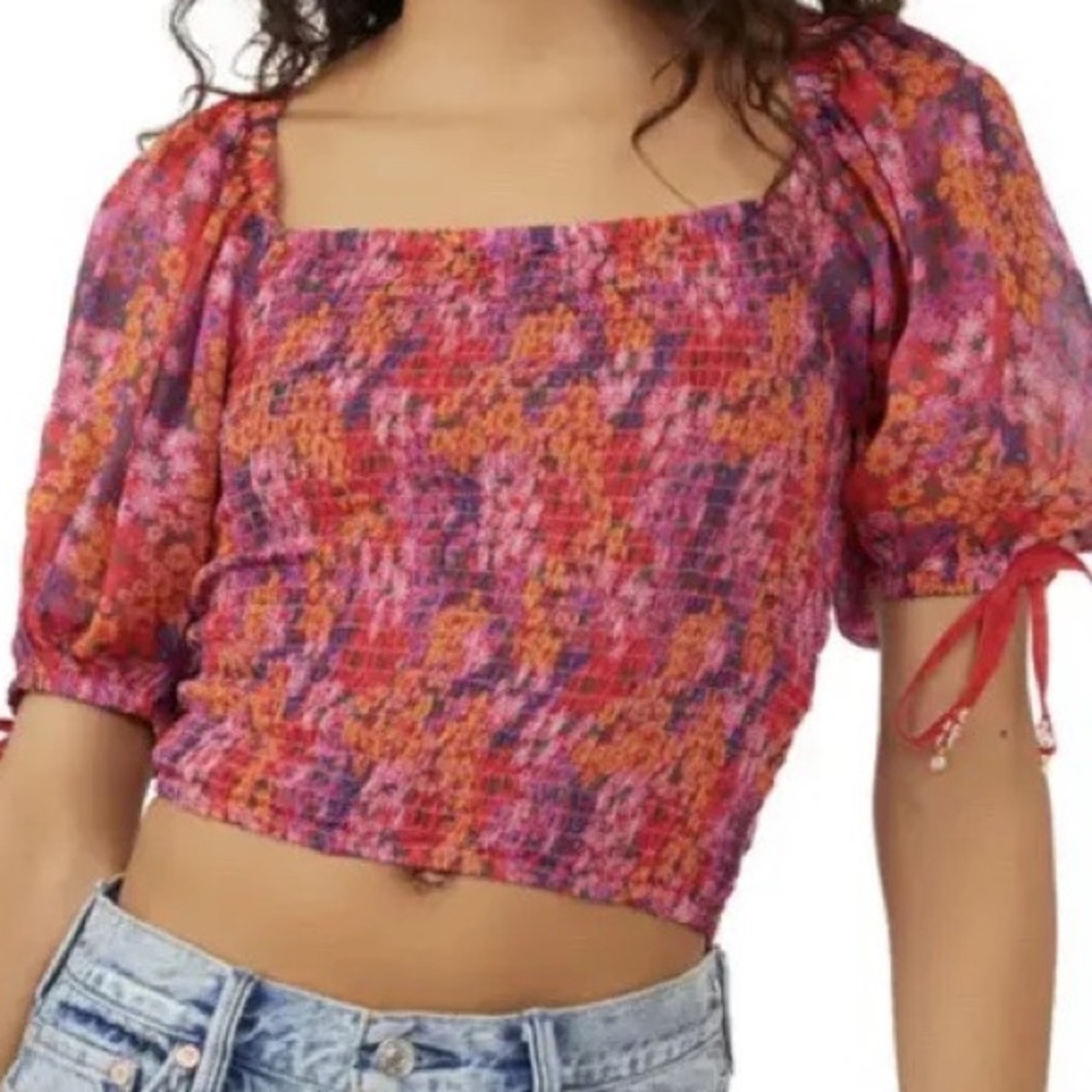 Free People Pink Multicolor Floral Smocked Puff Sleeve Crop Top Size Small
